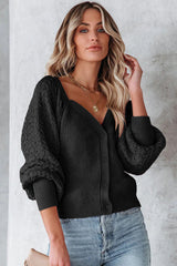 Black Pearl Embellished Puff Sleeve V Neck Cardigan