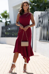 Red Cut-Out One Shoulder Ruffle Hem Sleeveless Bodycon Dress
