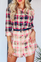 Red Gradient Plaid Print Shirt Short Dress