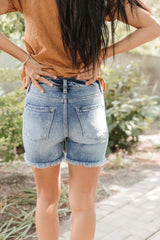 Sky Blue Retro High Waist Raw Hem Denim Shorts