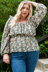 Green Square Neck Floral Plus Size Peplum Top