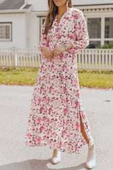 Purple Deep V Neck Ruched High Waist Floral Maxi Dress