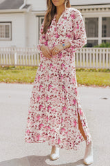 Purple Deep V Neck Ruched High Waist Floral Maxi Dress