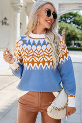 Blue Geometric Print Ribbed Trim Sweater