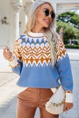 Blue Geometric Print Ribbed Trim Sweater