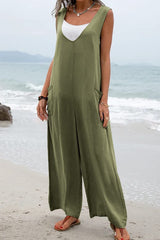 Green Sleeveless V Neck Wide Leg Jumpsuit with Pockets
