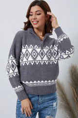 Gray Western Geometric Printed Quarter Zip Pullover Sweater