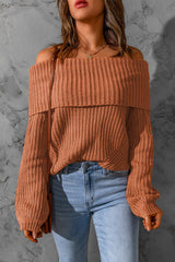 Brown Ribbed Knit Off Shoulder Sweater