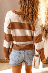 Khaki Striped V Neck Pullover Sweater