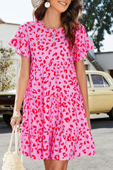 Pink Leopard Print Ruffle Short Sleeve Tiered Dress