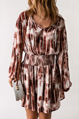 Brown Tie Dye Smocked Waist Long Sleeve Dress