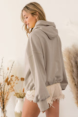 Gray Ribbed Trim Kangaroo Pocket Zipped Hoodie