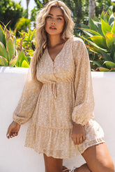 Brown Buttons Front Bubble Sleeve Shirt Floral Dress