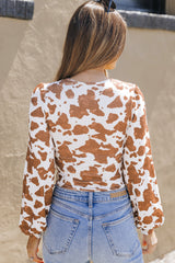 White Cow Print Deep V Neck Long Sleeve Bodysuit