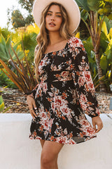 Black Floral Print Tie Back Mini Dress