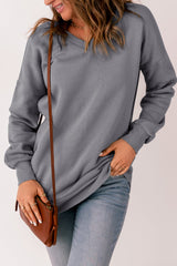 Gray Ribbed V Neck Drop Shoulder Sweatshirt