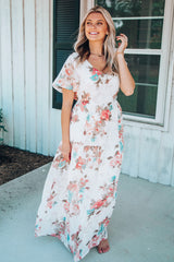 White V Neck Short Sleeves Floral Print Maxi Dress
