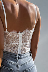 White Lace Crochet V Neck Spaghetti Straps Bodysuit