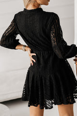 Black Lace Crochet Drawstring High Waist V Neck Mini Dress