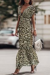 Leopard Print Drawstring V Neck High Waist Long Dress