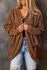 Brown Waffle Knit Open Front Rounded Hem Cardigan