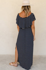 Blue Striped Print Ruffled High Waist Maxi Dress with Side Splits