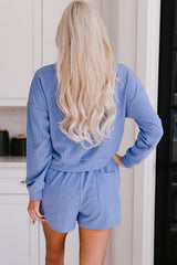 Blue Ribbed Texture Pullover and Drawstring Shorts Lounge Set
