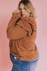 Brown Plus Size Solid Ruffled Tiered Long Sleeve Top
