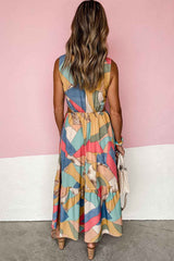 Khaki Boho Print O-ring Cut-out Sleeveless Maxi Dress