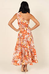 Orange Floral Print Pleated One Shoulder High Waist Maxi Dress