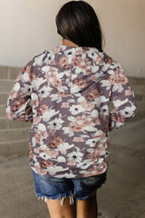 Gray Vintage Floral Print Pocketed Full Zip Hoodie