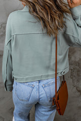 Sky Blue Waffle Knit Buttons Cropped Jacket with Pockets