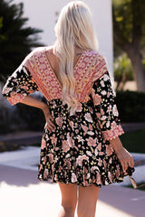 Black V Neck 3/4 Sleeves Floral Dress