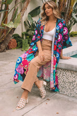 Multicolor Bohemian Floral Print Half Sleeve Open Front Kimono