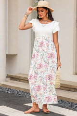 White Floral Patchwork Ribbed Maxi Dress with Pockets