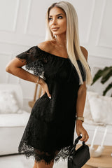 Black Off-shoulder Overlay Drop Sleeves Lace Dress