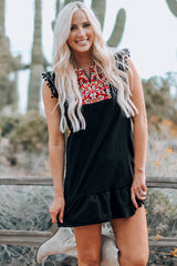 Black Boho Print Pompom Sleeve Shift Dress
