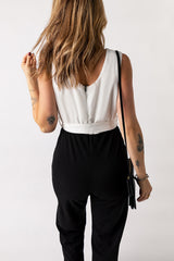 White Pleated V Neck Sleeveless Color Block Jumpsuit