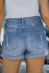 Sky Blue Cuffed High Rise Denim Shorts