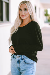 Black Solid Casual Round Neck Raglan Long Sleeve Tee