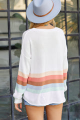 White Ribbed Round Neck Striped Sweater