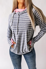 Striped Cowl Neck Hoodie with Pocket
