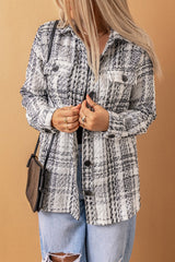 White Plaid Print Pocketed Shirt Jacket