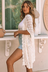 White Crochet Open Front Kimono with Slits