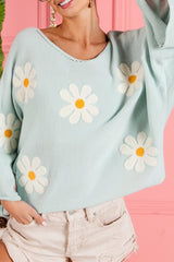 Green Flower Embroidery Batwing Sleeve Loose Sweater