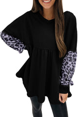 Black Leopard Splicing Sleeve Ruffle Loose Sweatshirt