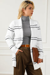 White Striped Detail Fuzzy Open Front Cardigan