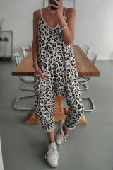 Leopard Spaghetti Straps Side Pockets Loose Fit Jumpsuit