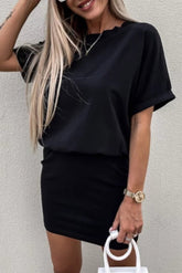 Black Solid Color High Waist Short Sleeve Active Mini Dress
