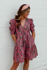 Red Vintage Puff Sleeve Side Pockets Floral Dress